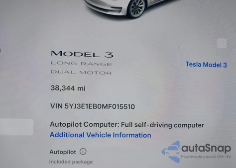 2021 Tesla Model 3 Long Range Dual Motor All-Wheel Drive from USA, damaged, VIN 5YJ3E1EB0MF015510
